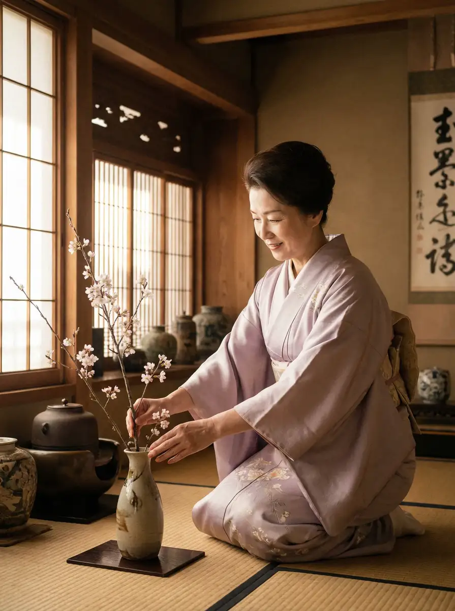 一位优雅的 18视频 在和室中插花
