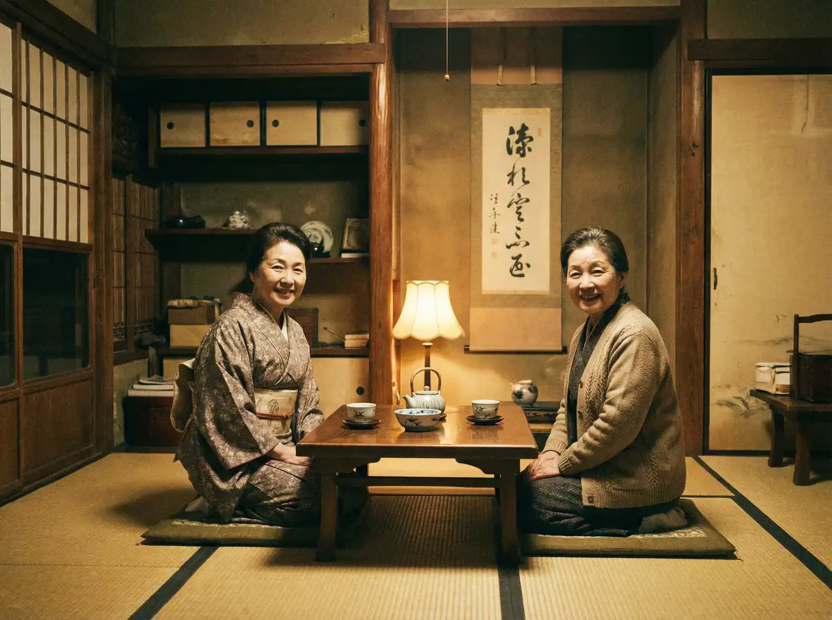 两位优雅的 18视频 在日式茶室中品茶交谈